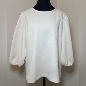 Ann Taylor Ivory Textured 3/4 Puffy Sleeve Top Blouse
